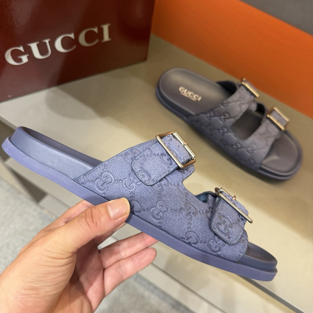 Gucci Two-Buckle Monogram Slide Sandals — side