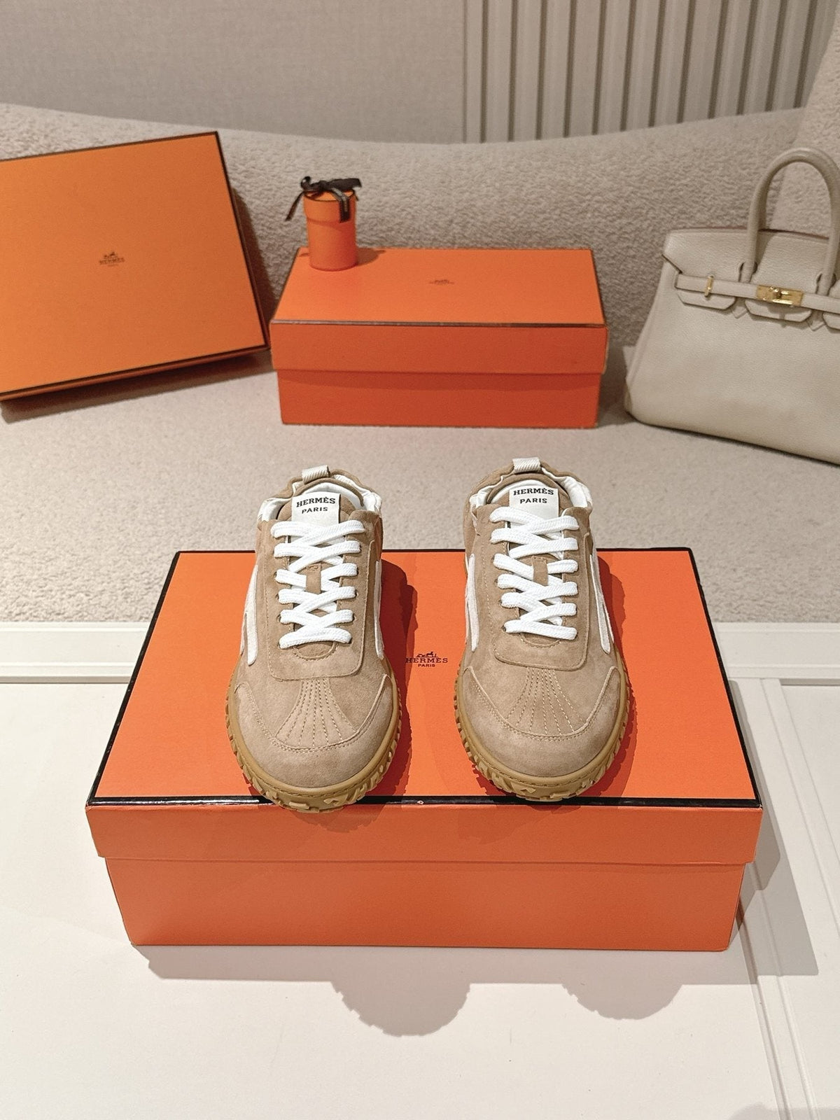 Hermès Taupe Brown H-Detail Sneakers — front