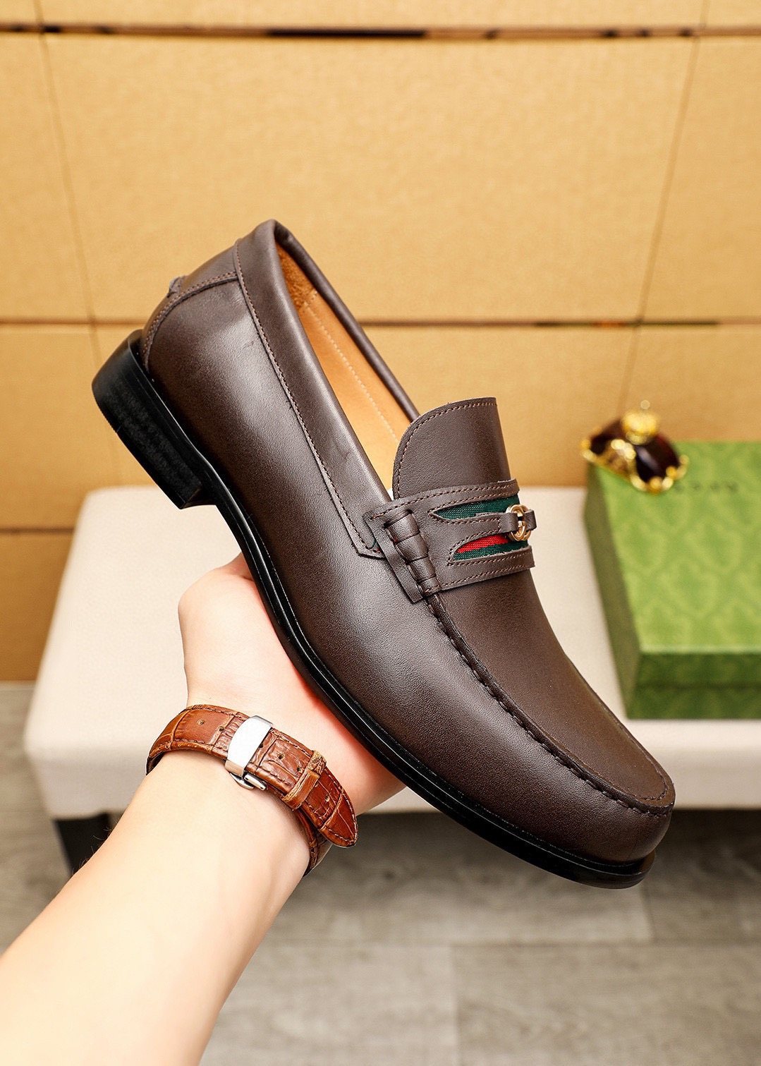 Gucci Web Stripe Leather Loafers — model
