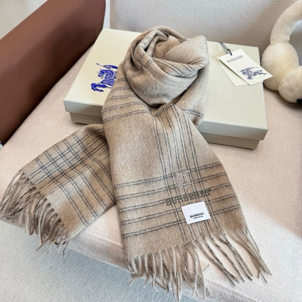 Burberry Light Blue Plaid Fringed Scarf — side