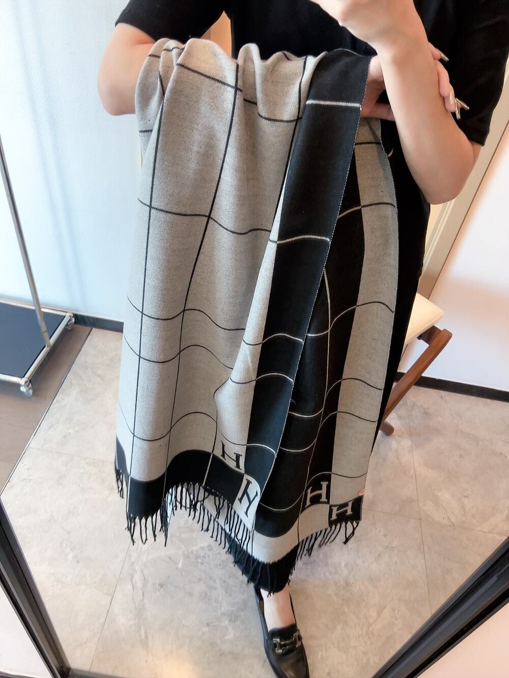 Fringed Grid Motif Scarf — model