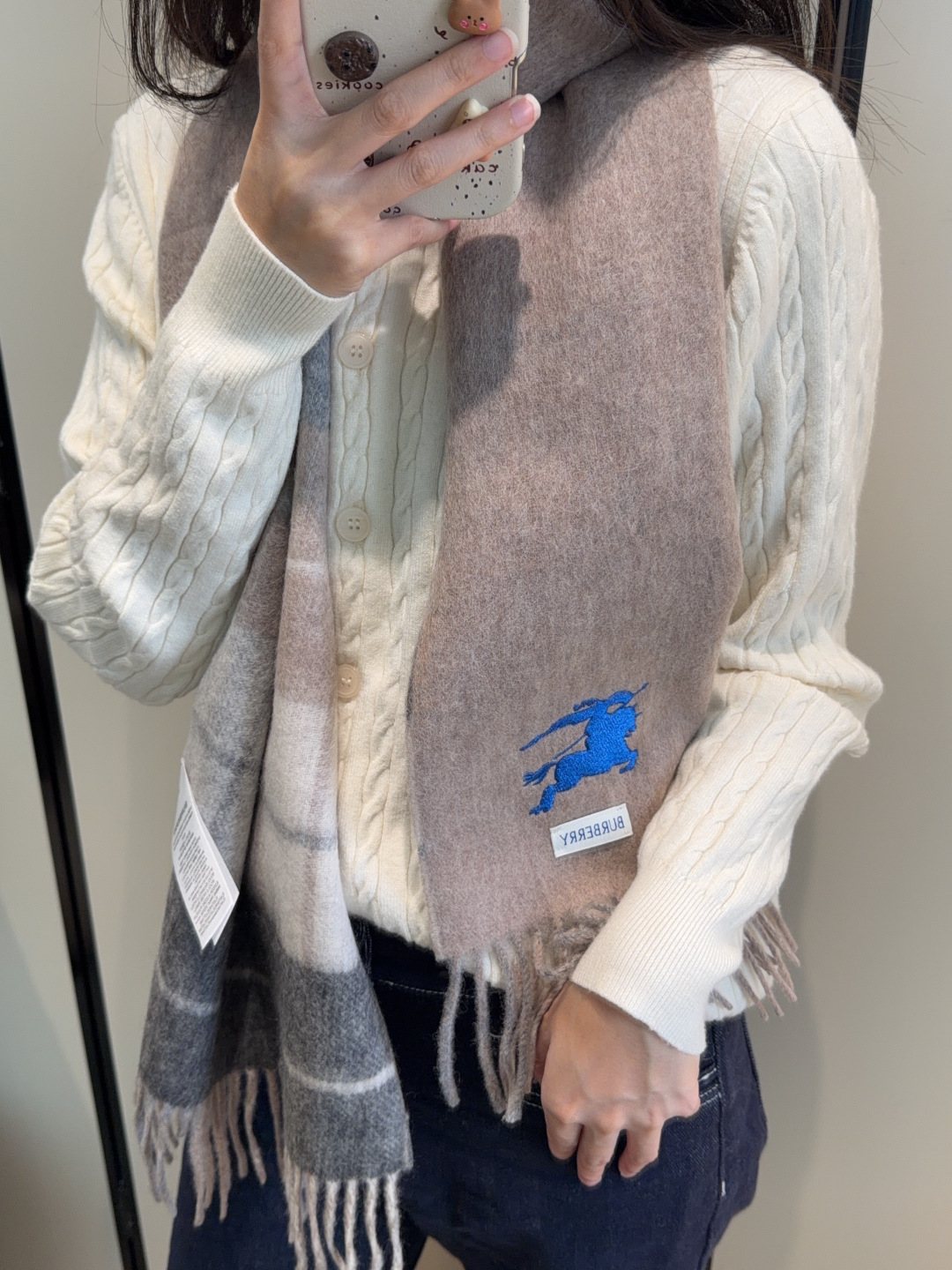 Burberry Reversible Plaid Fringed Scarf — model