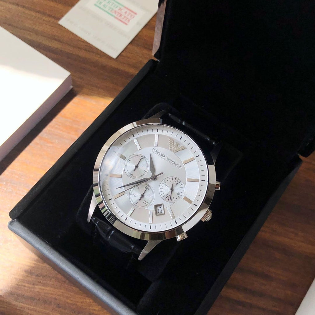 EMPORIO ARMANI Silver Black White Dial Strap Watch — front