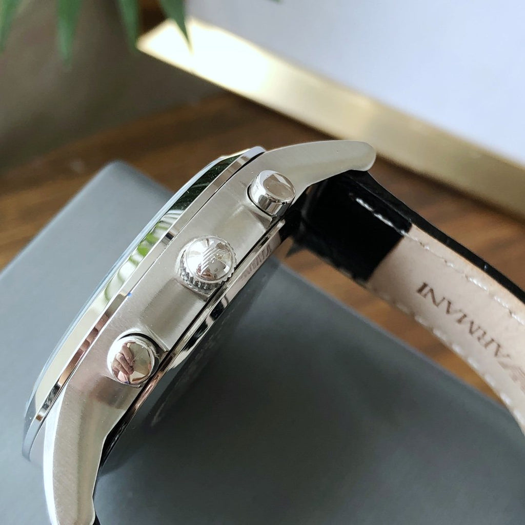 EMPORIO ARMANI Silver Black White Dial Strap Watch — side