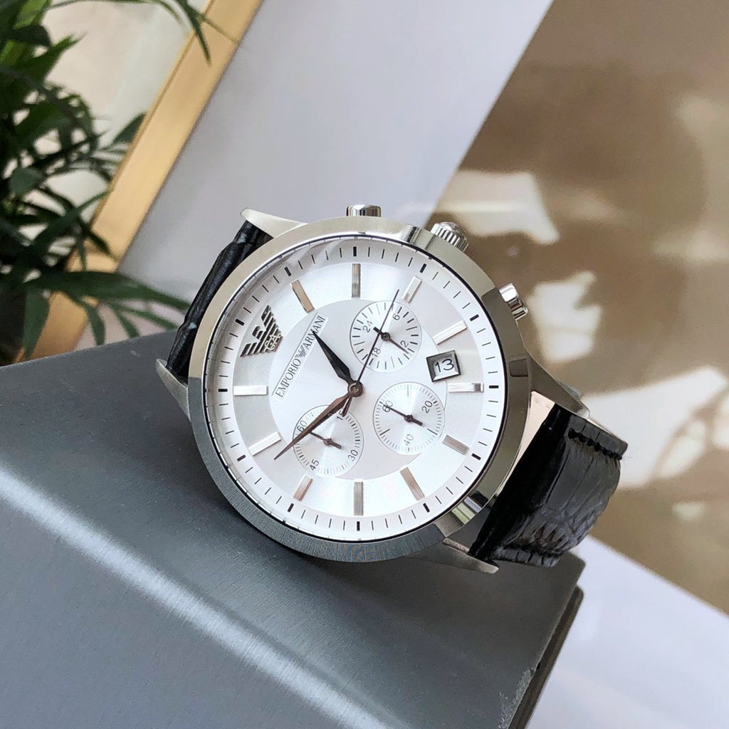 EMPORIO ARMANI Silver Black White Dial Strap Watch — hero