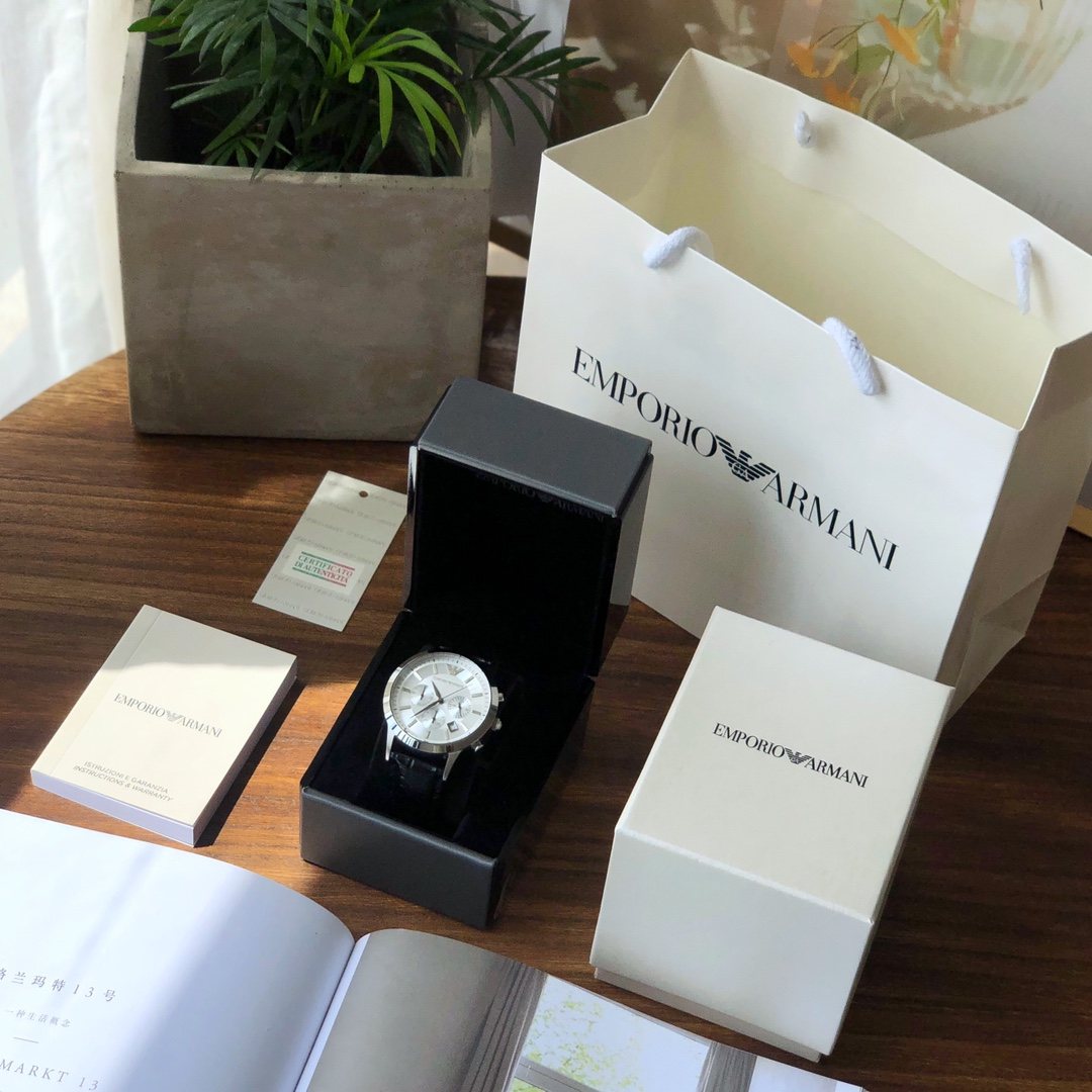 EMPORIO ARMANI Silver Black White Dial Strap Watch — front