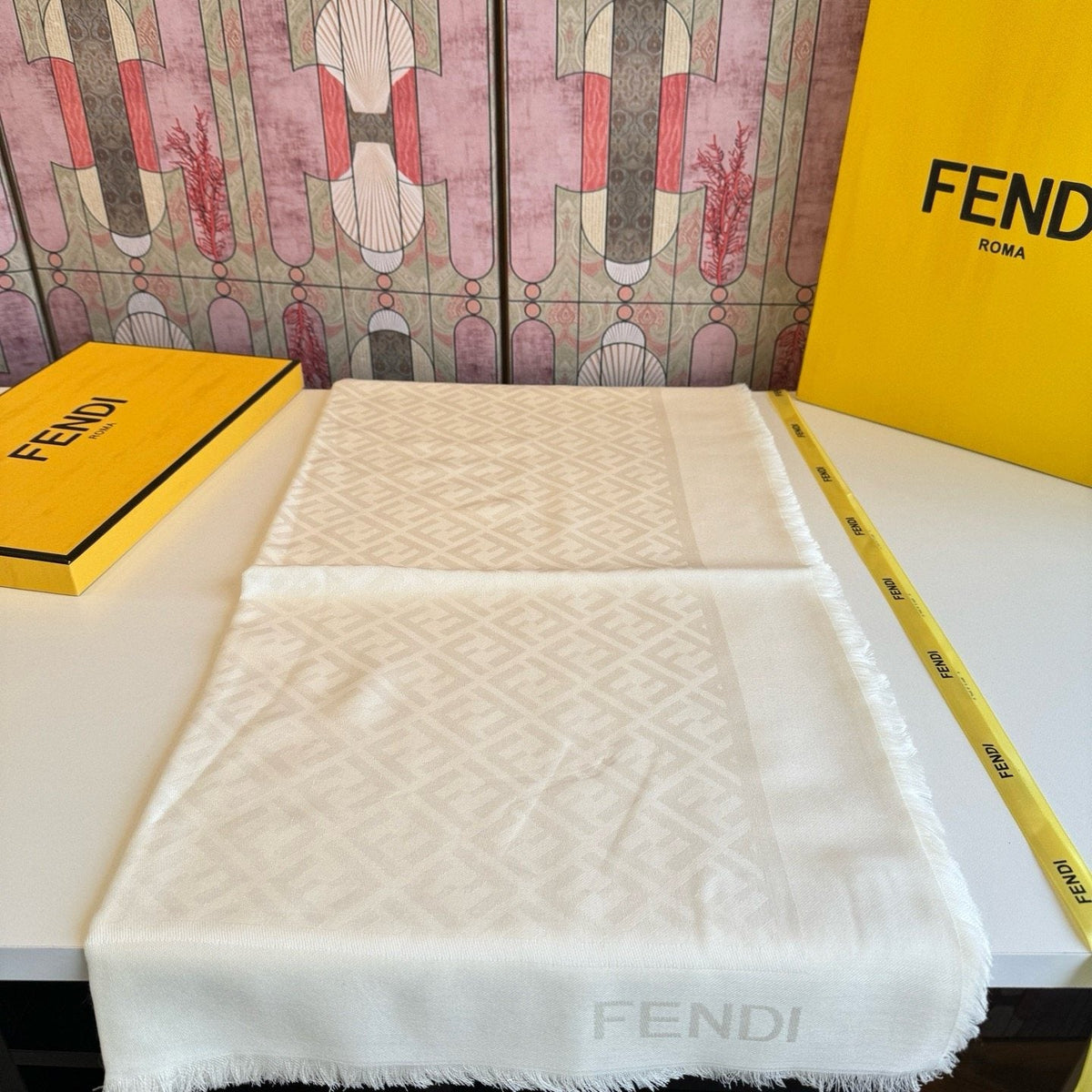 FENDI Fringed Geometric Monogram Scarf — front