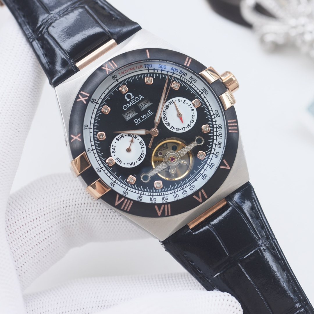 OMEGA Rose Gold Black Dial Leather Strap Watch — hero