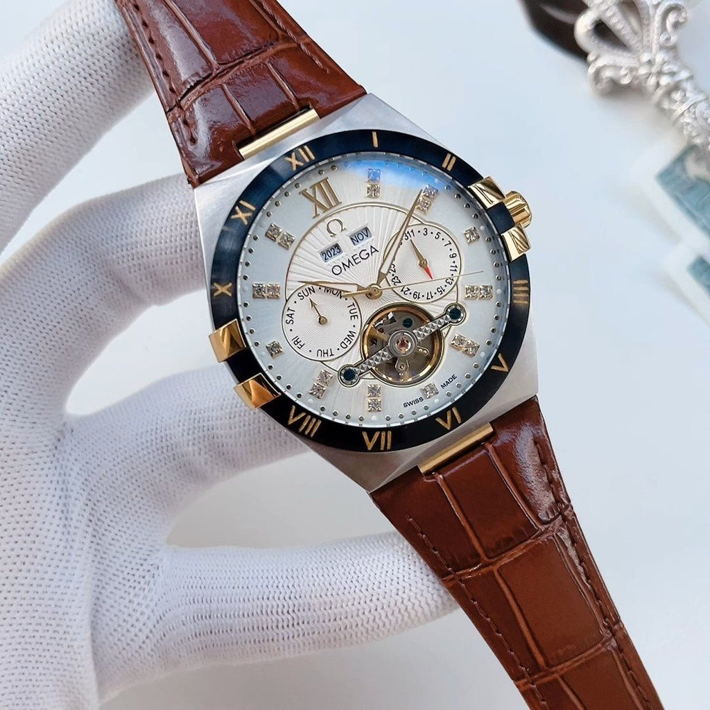 OMEGA Brown Black White Dial Leather Strap Watch — front