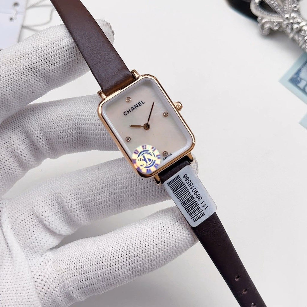CHANEL Brown Rose Gold White Dial Leather Strap Watch — front