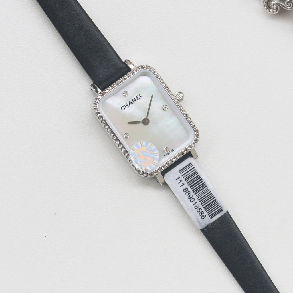 CHANEL Black Silver White Dial Leather Strap Watch — front