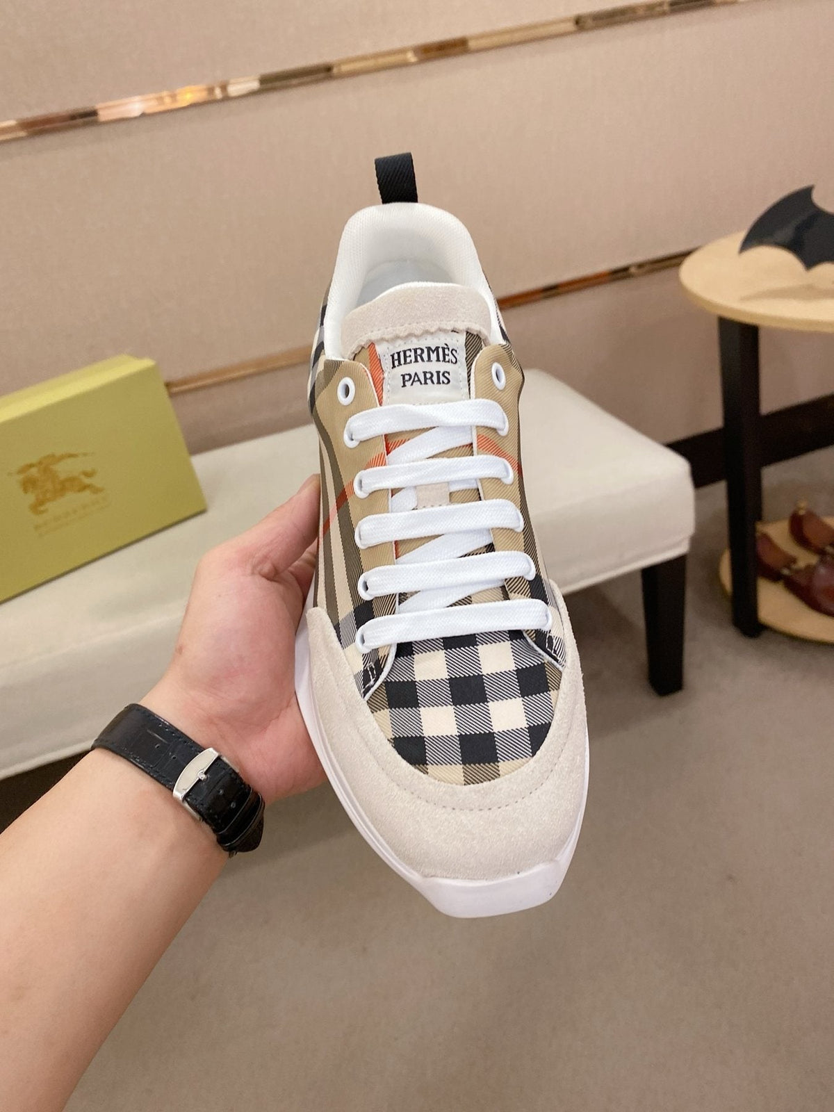 Hermès Gray Plaid Low-Top Sneakers — side