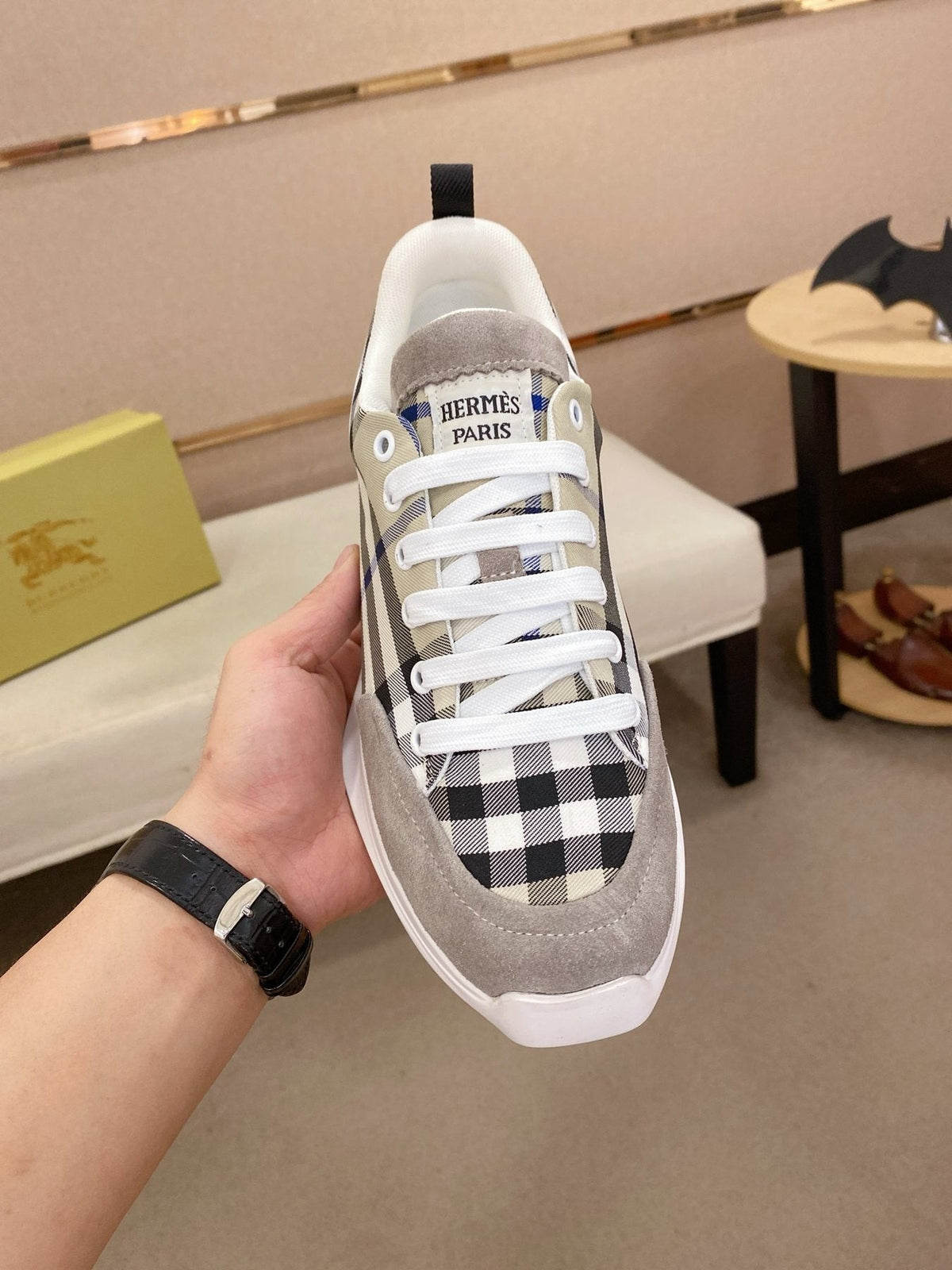 Hermès Gray Plaid Low-Top Sneakers — front