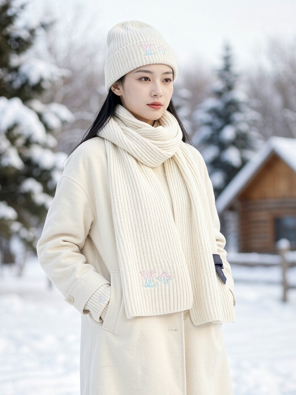 Louis Vuitton Rib-Knit Scarf & Beanie Set — model