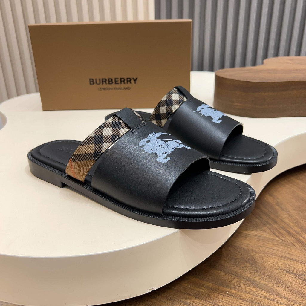 Burberry Plaid-Trim Slide Sandals — front