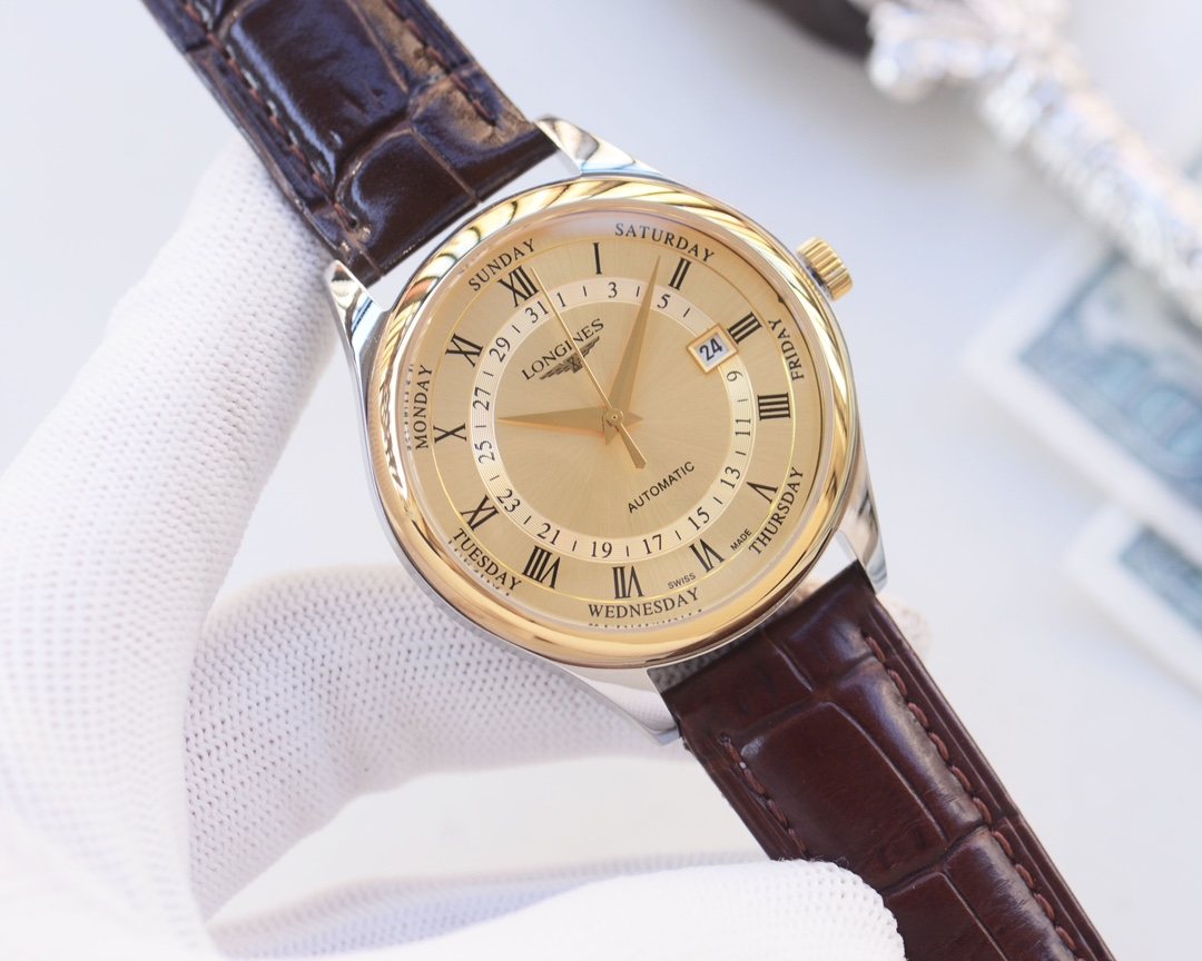 Longines Brown Gold Dial Leather Strap Watch — hero