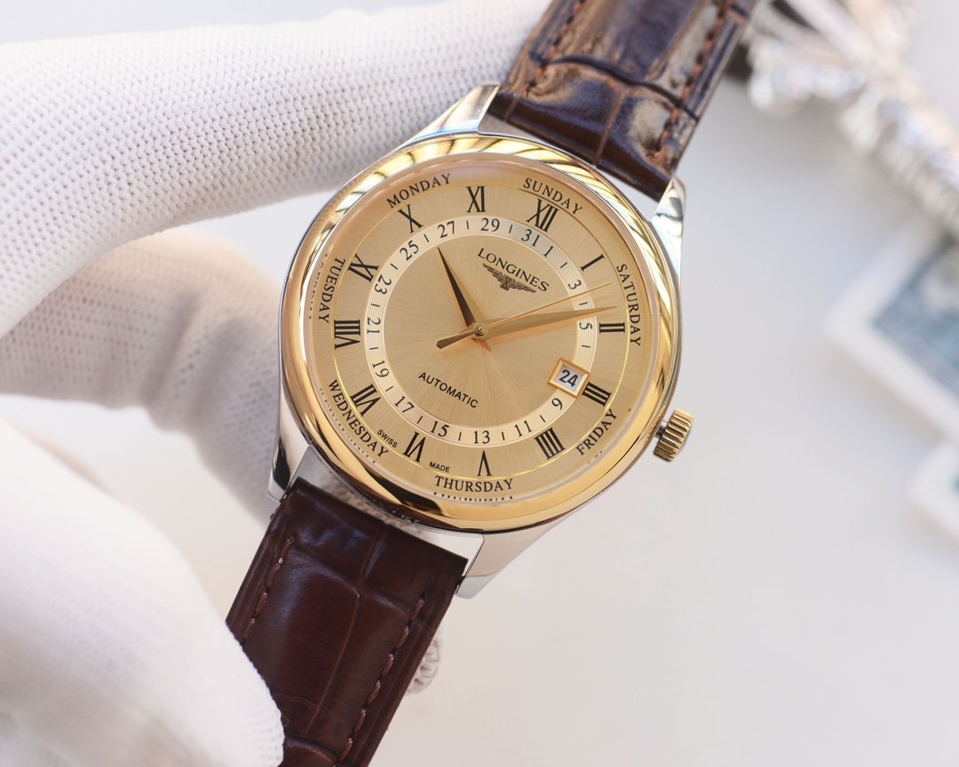 Longines Brown Gold Dial Leather Strap Watch — side