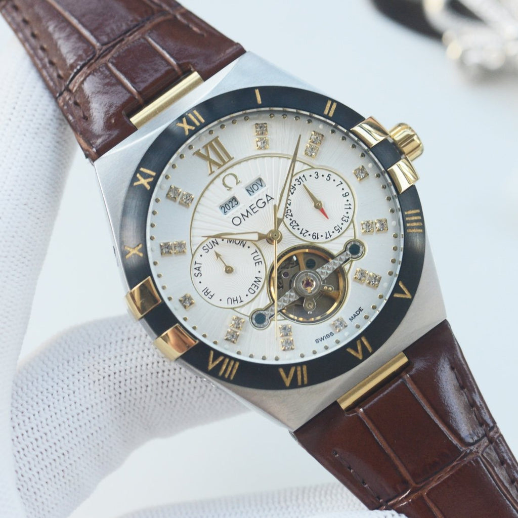 OMEGA Brown Black White Dial Leather Strap Watch — front