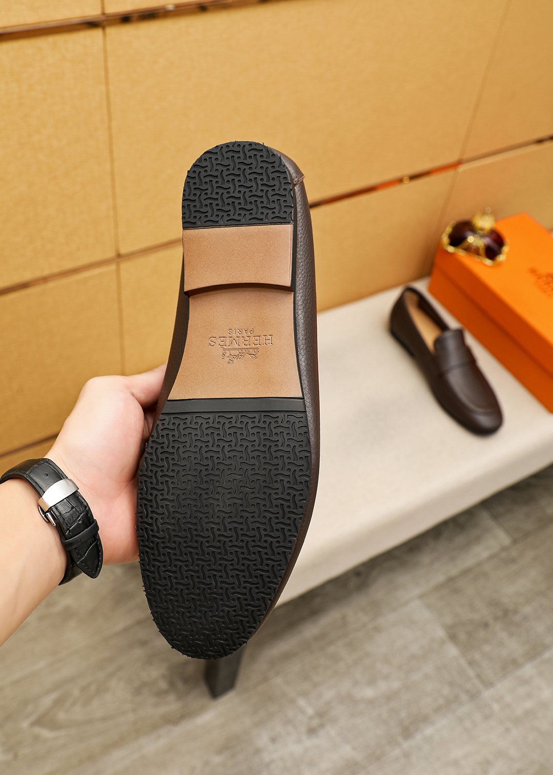 Hermès Pebbled Leather Loafers — front