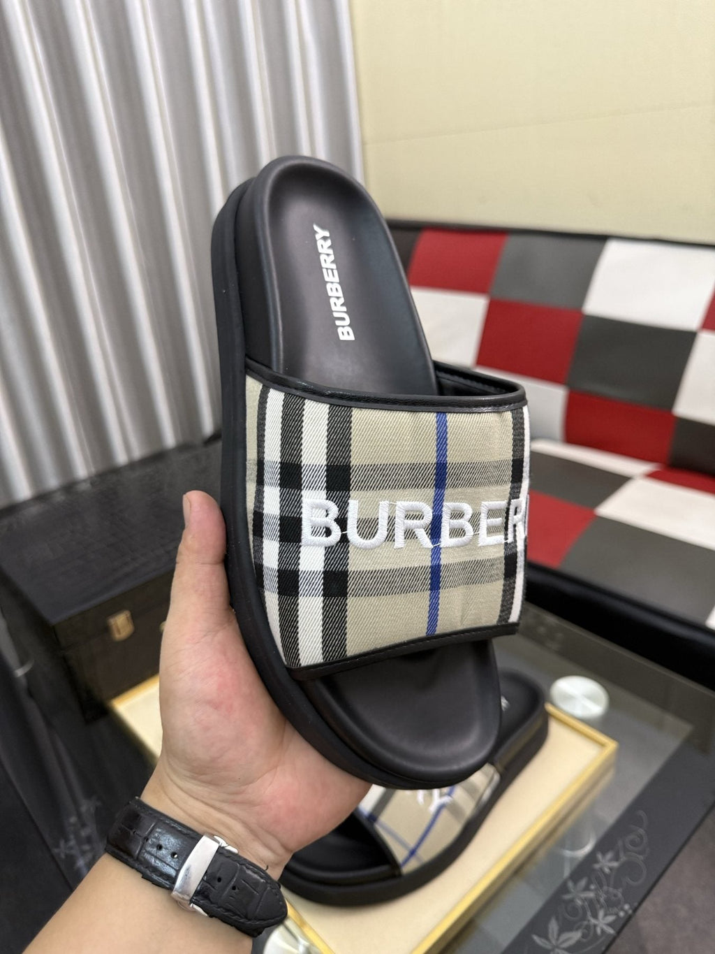 Burberry Check Logo Slide Sandals — front