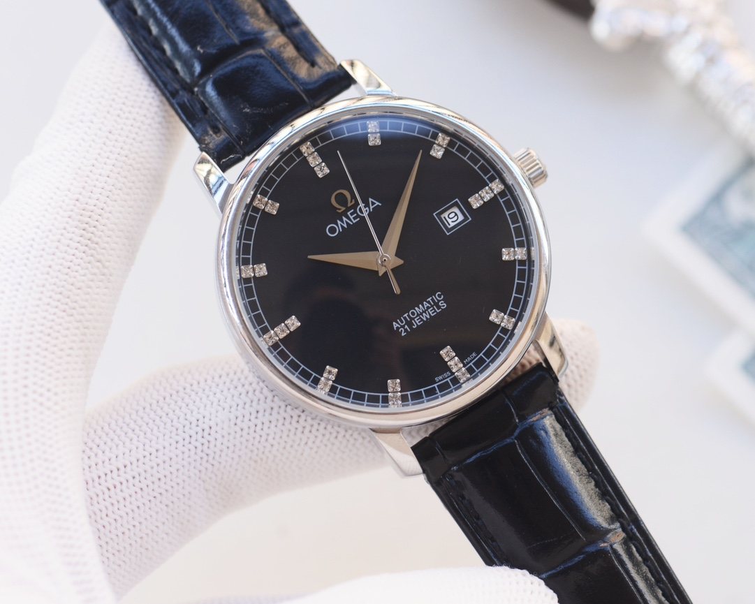 OMEGA Silver Black Dial Leather Strap Watch — hero