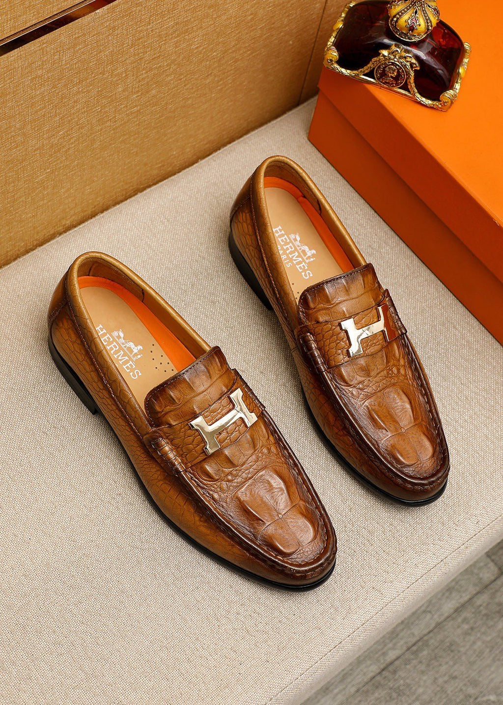 Hermès Crocodile-Embossed H-Hardware Loafers — hero