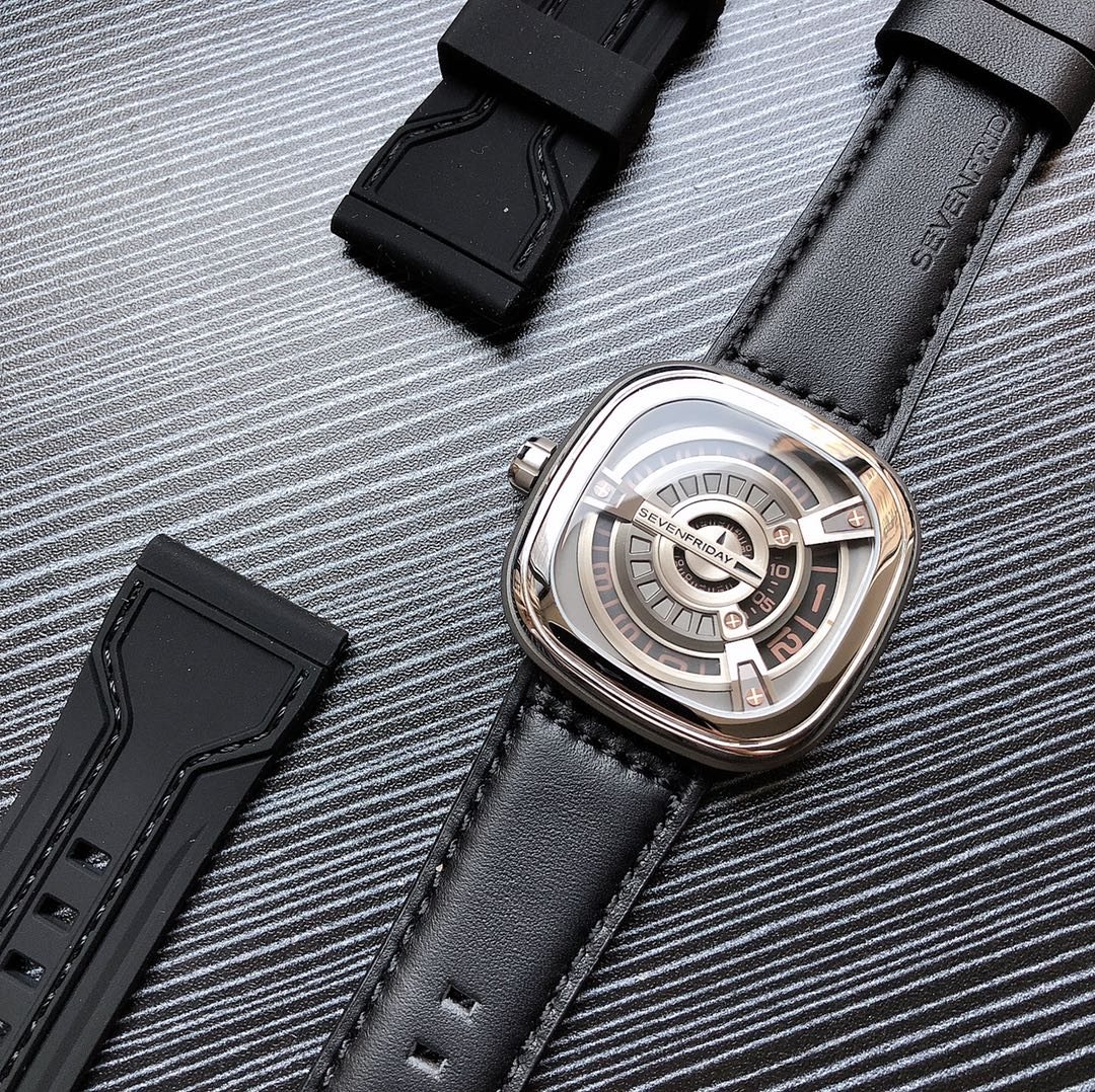 SEVENFRIDAY Black Silver Leather Strap Watch — front