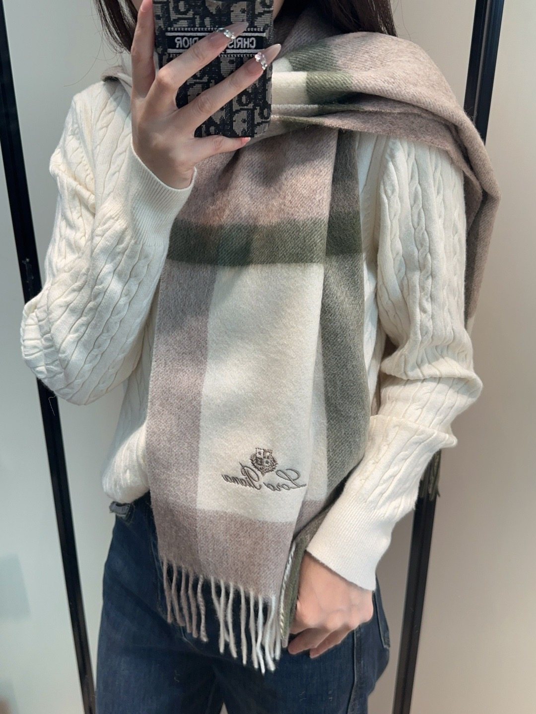 Loro Piana Plaid Fringe Scarf — model