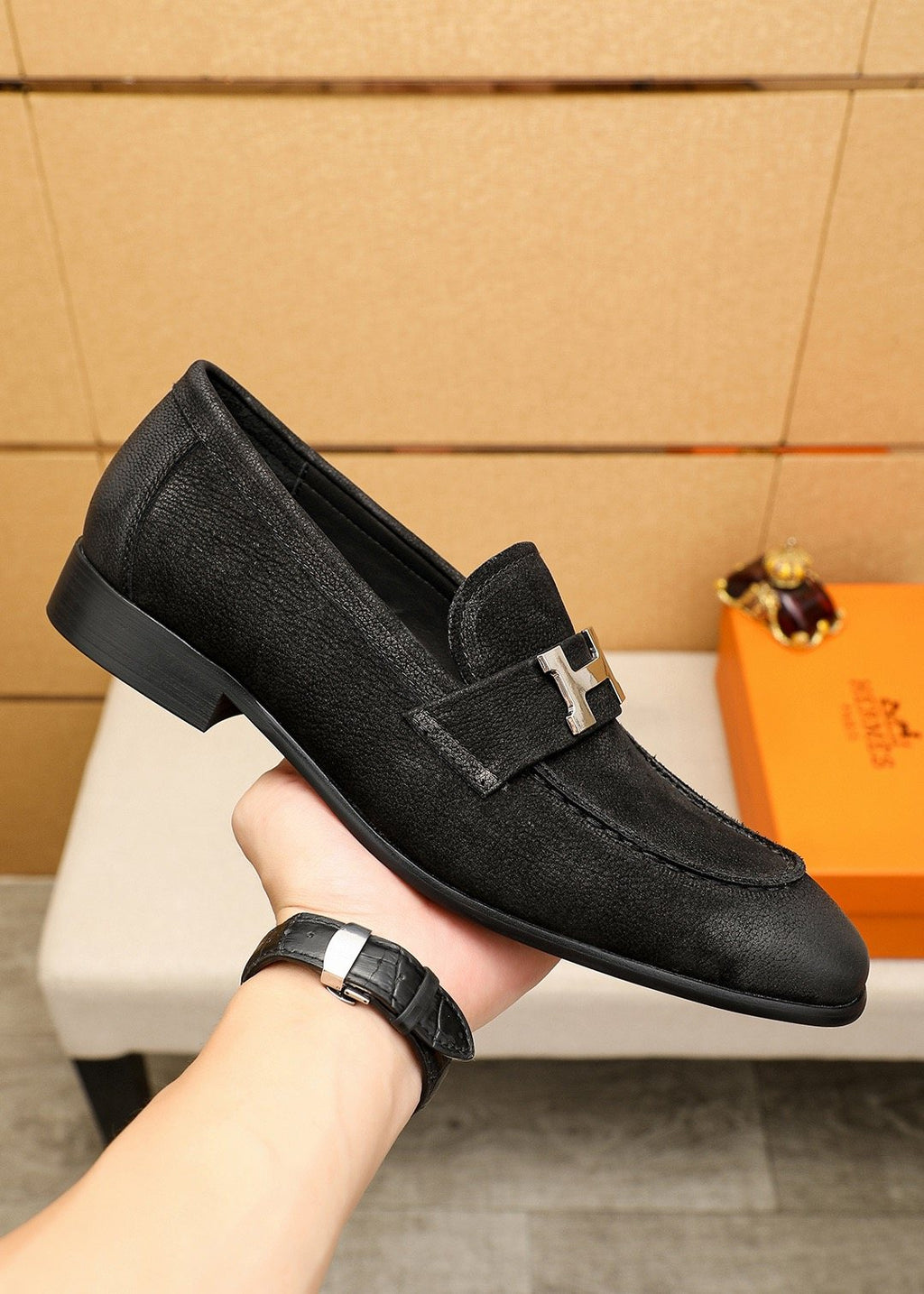 Hermès Dark Brown H-Hardware Loafers — side