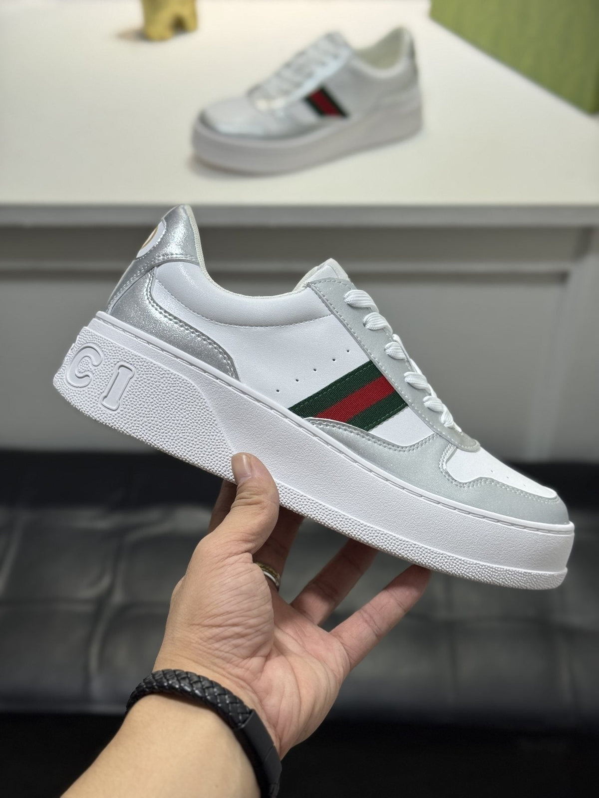 Gucci White Green-Red Stripe Sneakers — side