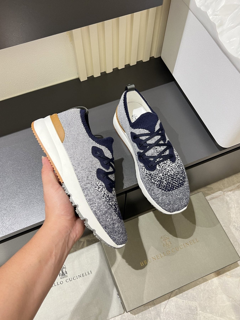 Brunello Cucinelli Color-Block Knit Sneakers — model