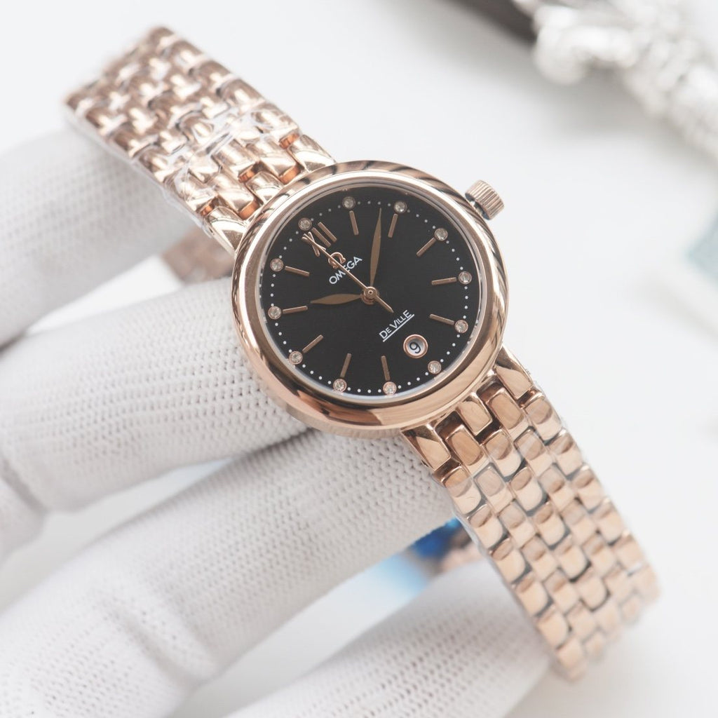 OMEGA Rose Gold Black Dial Bracelet Watch — front