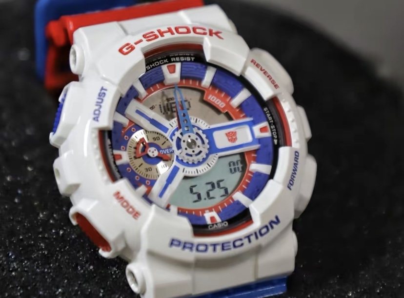 G-SHOCK White Red Blue Dial Watch — detail