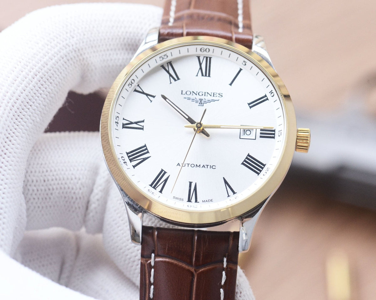Gold Silver White Dial Leather Strap Watch — hero