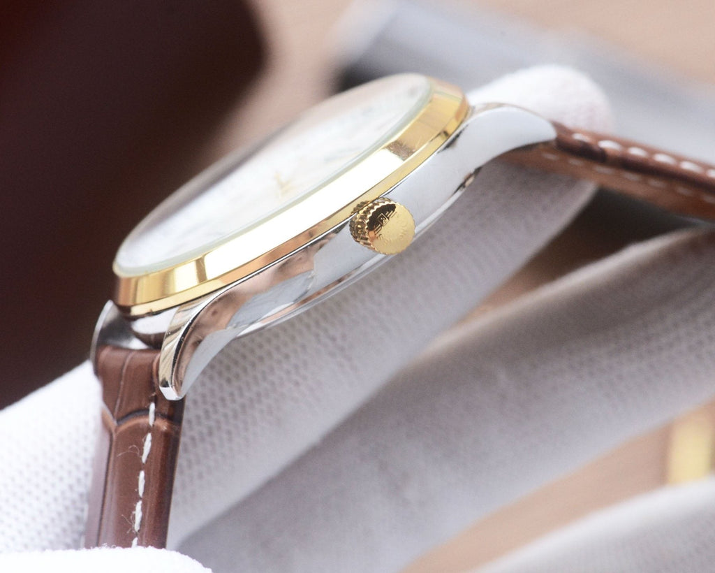 Gold Silver White Dial Leather Strap Watch — side