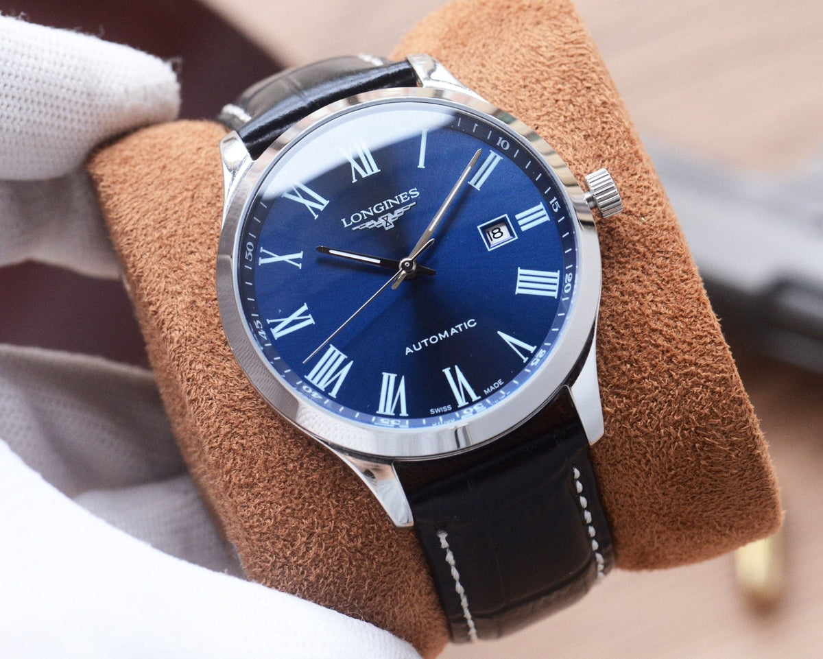 Silver Black Blue Dial Leather Strap Watch — hero