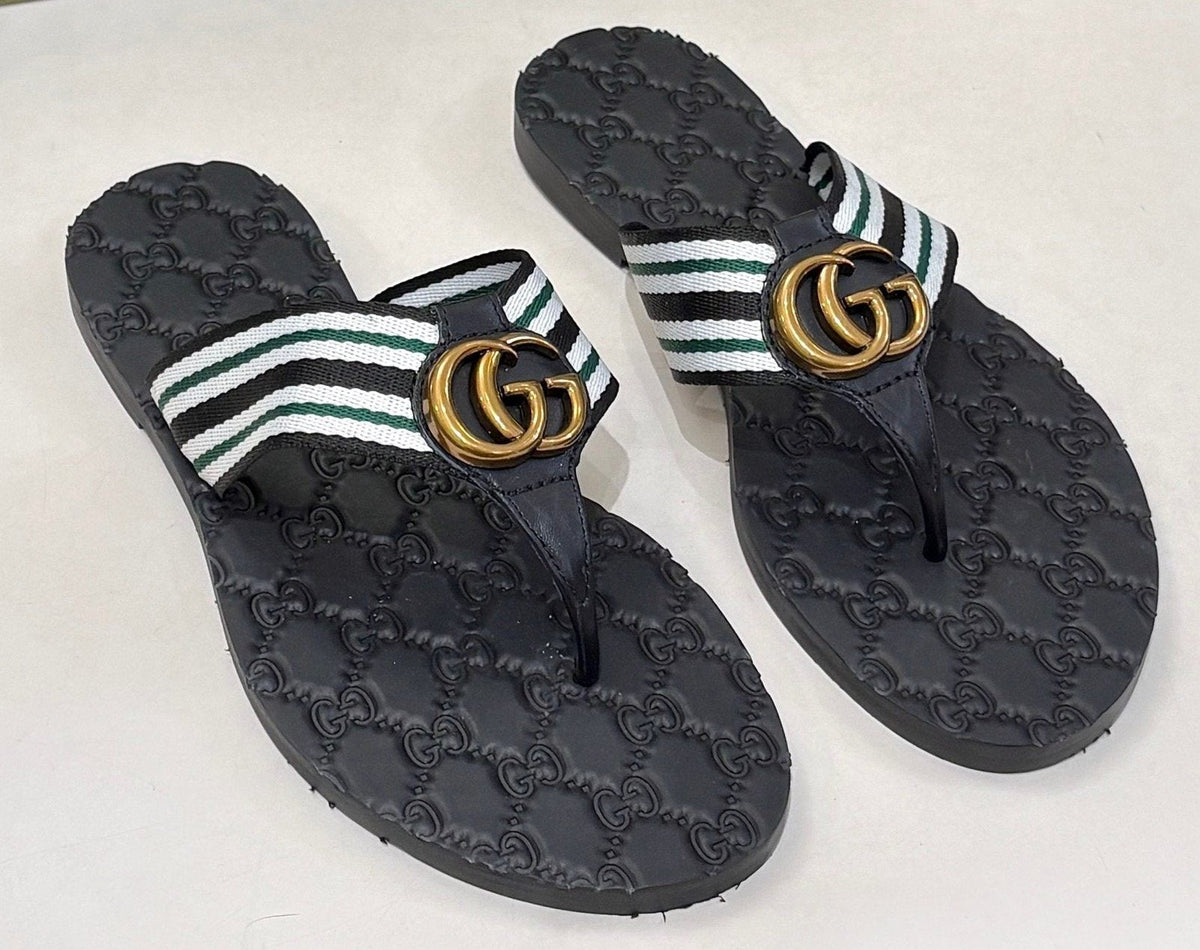 Gucci Green and Red Striped Thong Sandals — front