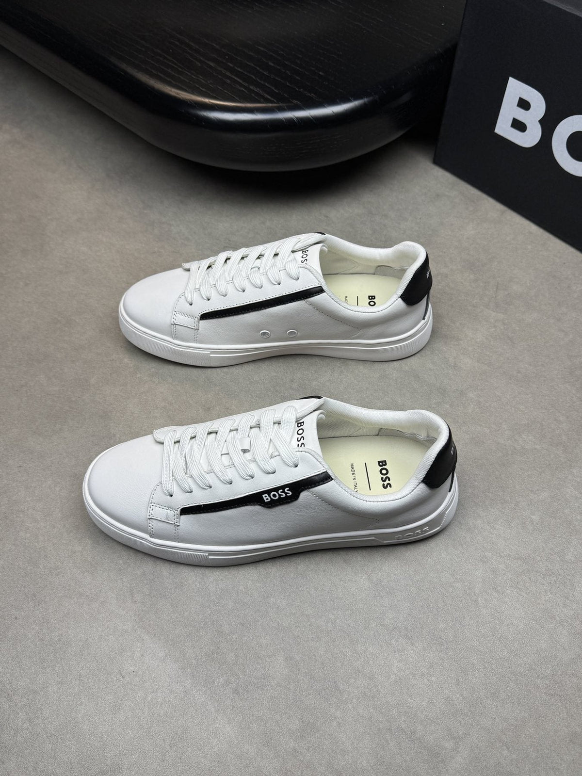 BOSS White Green Low-Top Sneakers — front