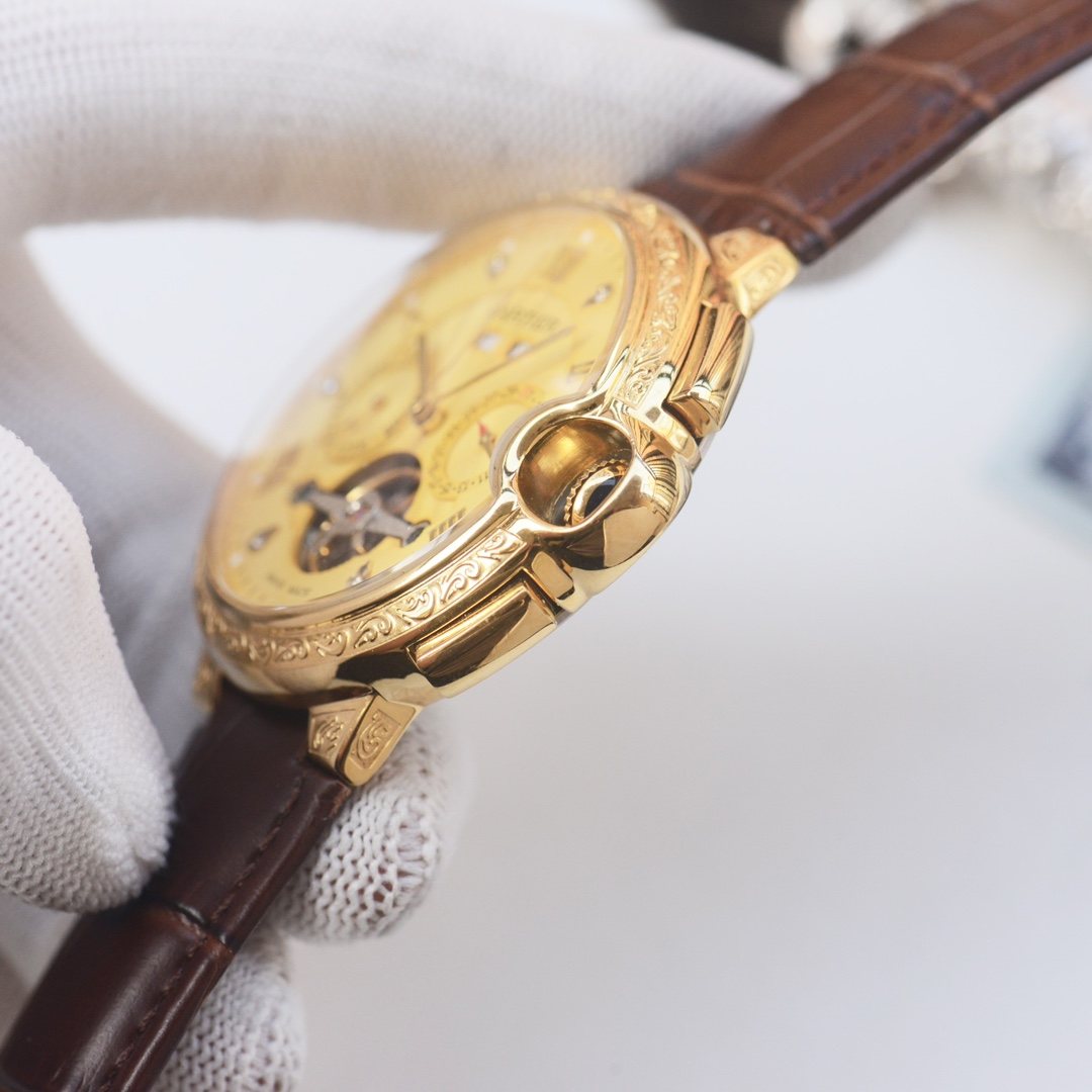 CARTIER Gold Brown Leather Strap Watch — side