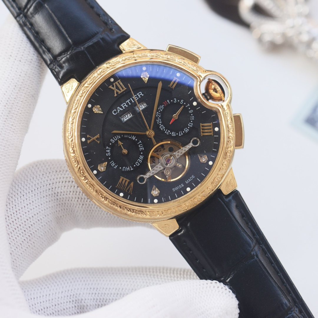 CARTIER Rose Gold Black Dial Leather Strap Watch — front