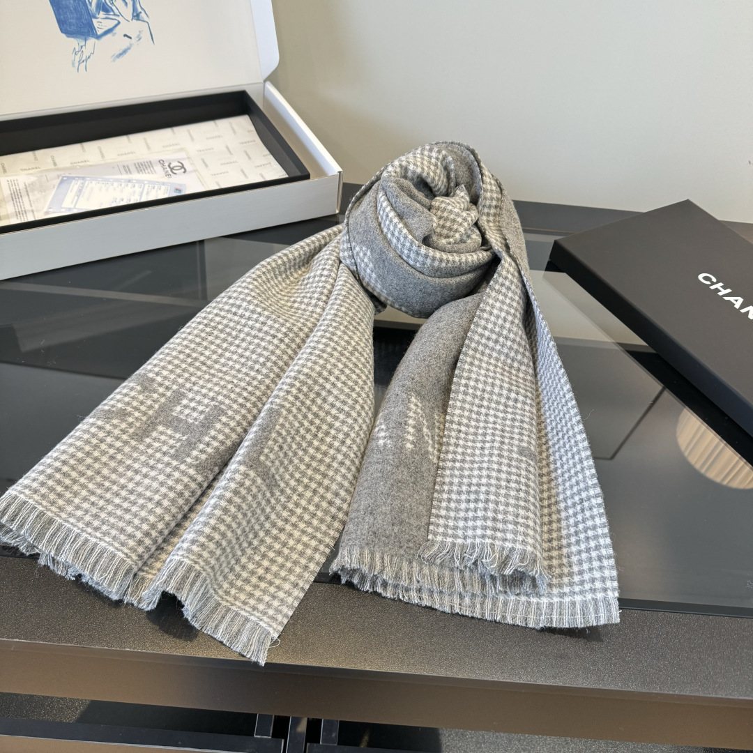 Chanel Two-Tone Houndstooth Fringe Scarf — front