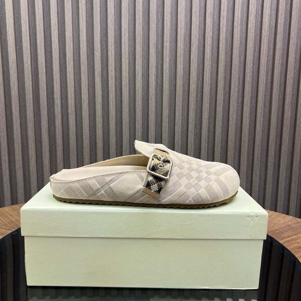 Burberry Brown Plaid Buckle Mule Slippers — side