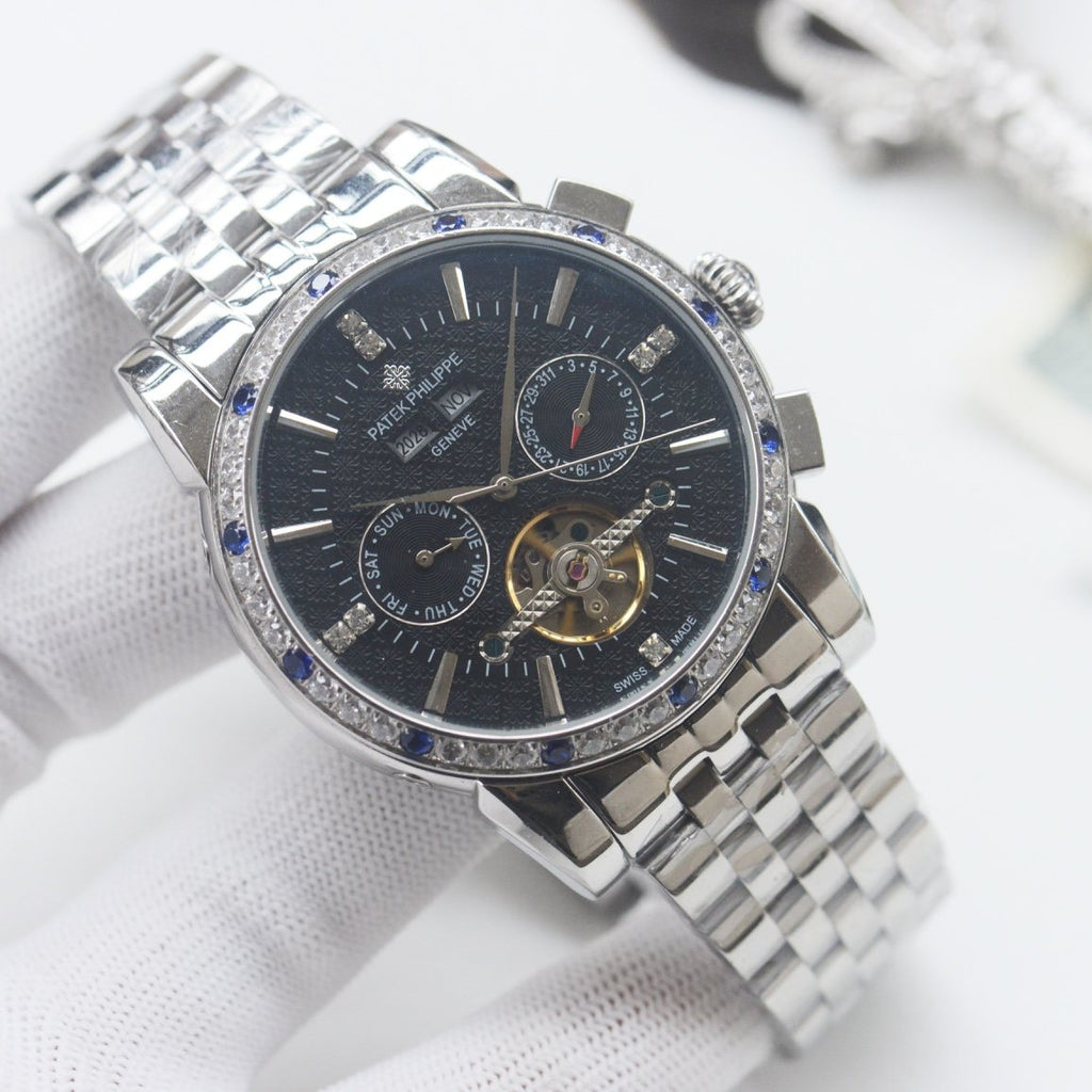 PATEK PHILIPPE Silver Blue Black Dial Bracelet Watch — front
