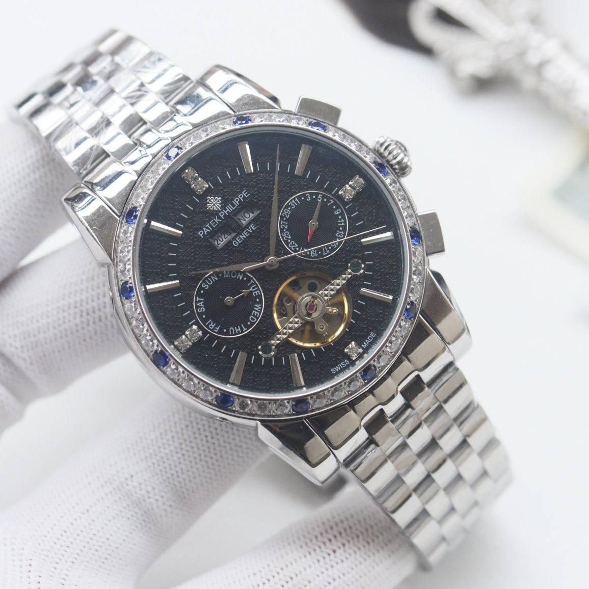 PATEK PHILIPPE Silver Blue Black Dial Bracelet Watch — front