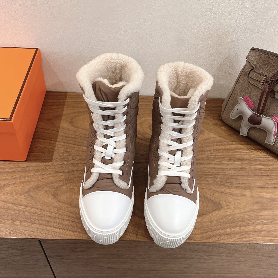 Hermès Taupe and Cream Lace-Up Mid-Calf Boots — front