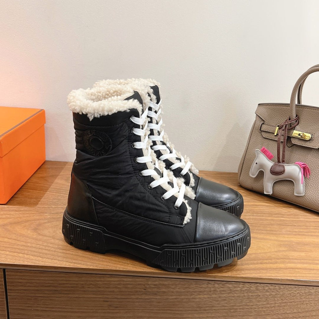 Hermès Taupe and Cream Lace-Up Mid-Calf Boots — side