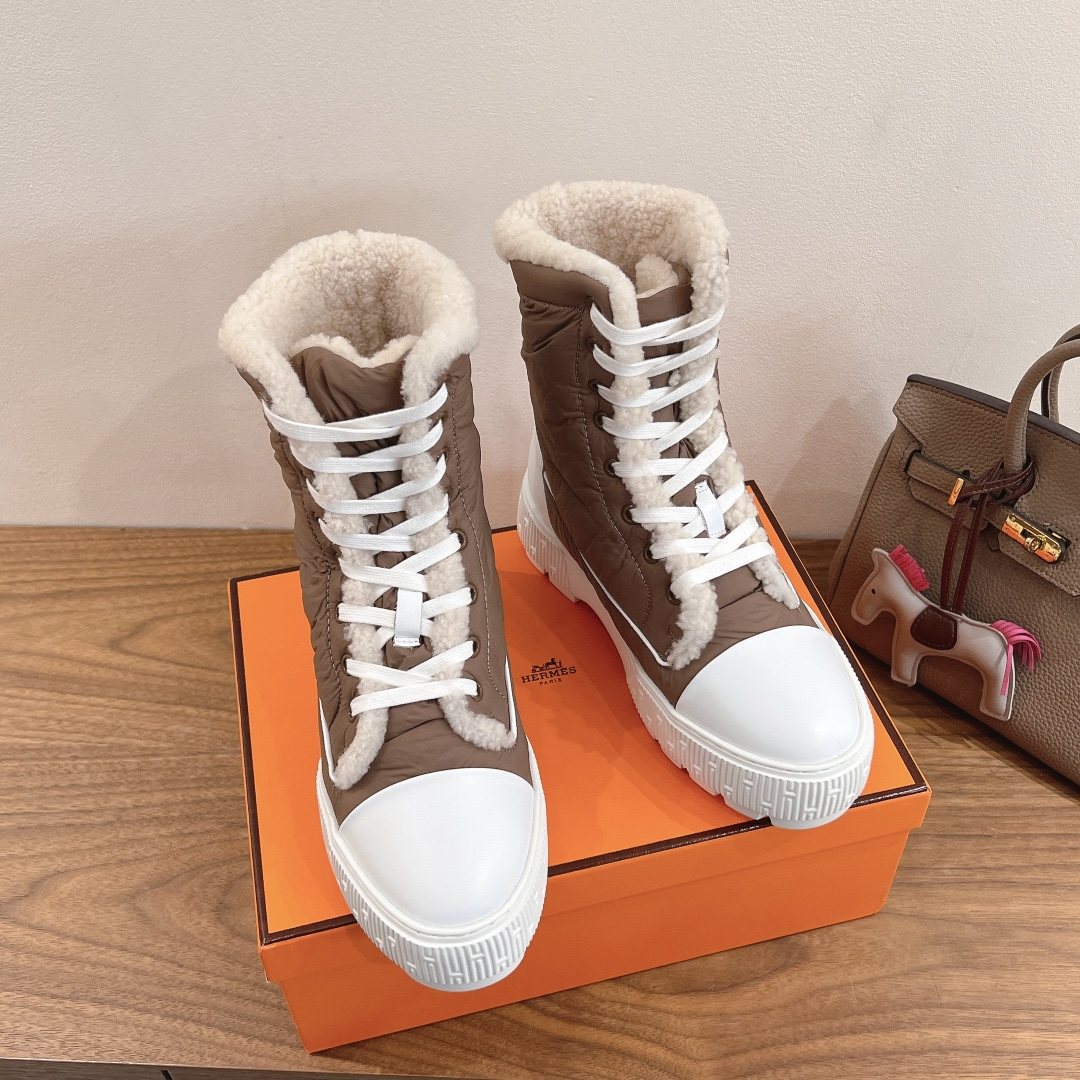 Hermès Taupe and Cream Lace-Up Mid-Calf Boots — side